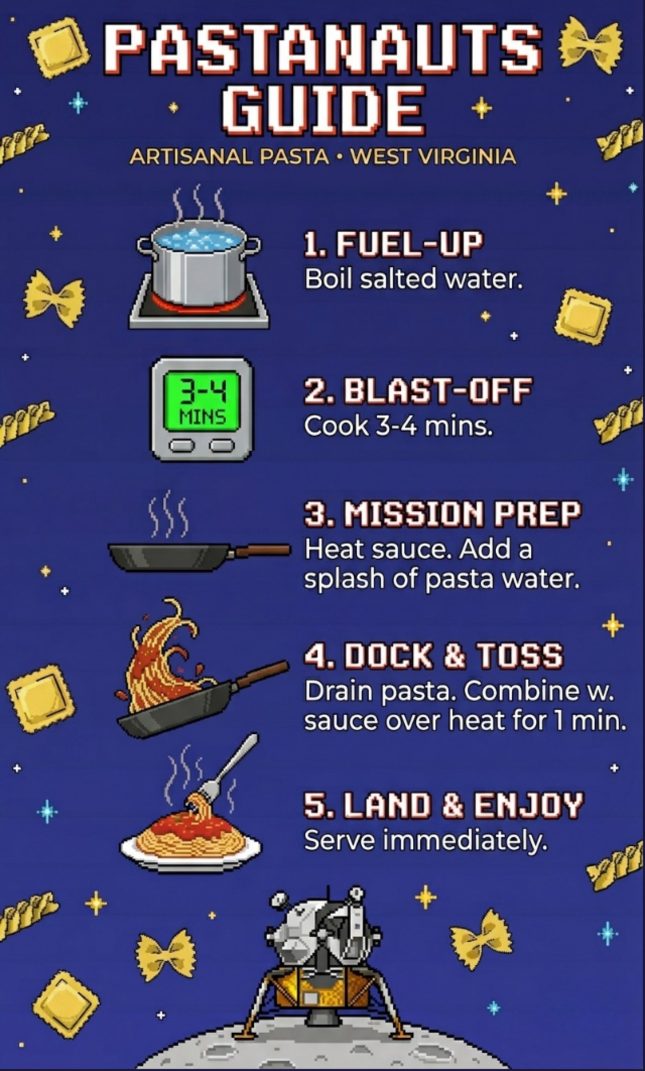 Pastanauts cooking guide. Step 1, Fuel-Up: boil salted water. Step 2, Blast-Off: cook 3 to 4 minutes. Step 3, Mission Prep: heat sauce and add a splash of pasta water. Step 4, Dock and Toss: drain pasta, combine with sauce over heat for 1 minute. Step 5, Land and Enjoy: serve immediately.